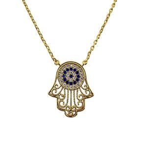 Hamsa CZ Pave Protection Charm Pendant White Blue Gold Tone 17" Necklace